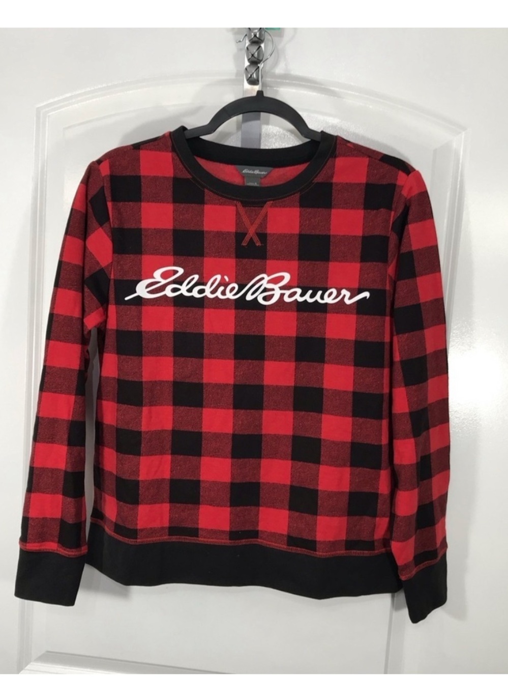 Eddie Bauer Womens Red and Black Buffalo Plaid Crewneck Sweater Shirt Size Small